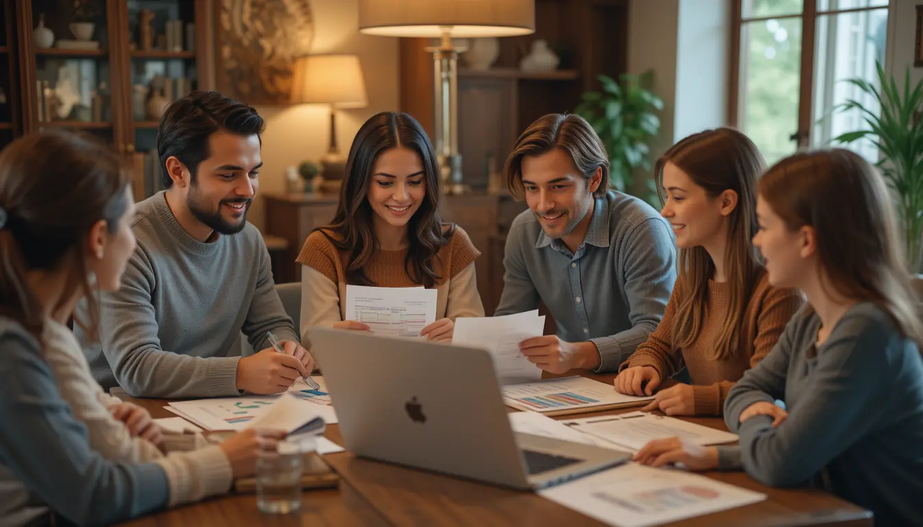 Famiglia riunita attorno a un tavolo, impegnata nella pianificazione del bilancio familiare con documenti, grafici e un laptop, simbolo di collaborazione e gestione finanziaria responsabile.